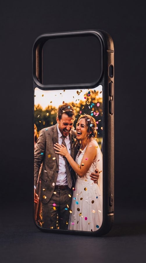 A Kase Artist case printed with a photograph of a couple laughing in confetti