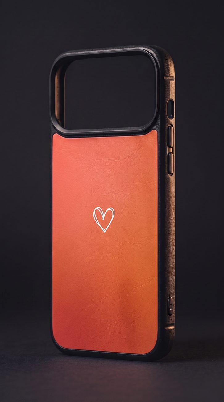 A Kase Artist case printed in coral with a small white heart at the centre