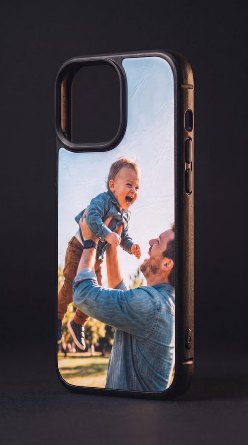 A Kase Artist case printed with a photograph of a father lifting a laughing toddler