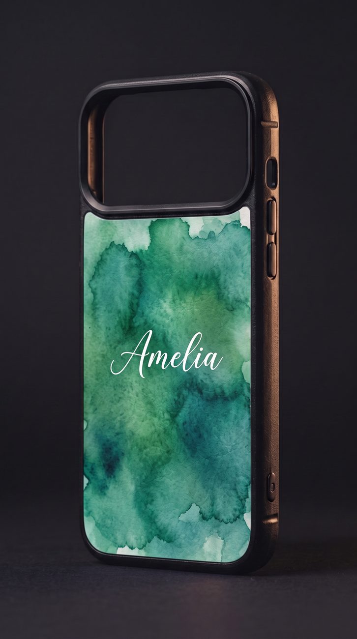 A Kase Artist case printed with a green watercolour wash and a name in white script