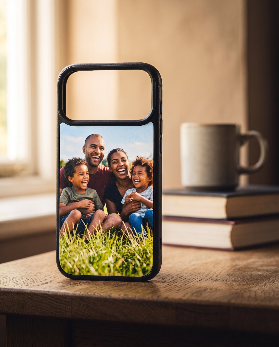 A Kase Artist case standing on a kitchen table in morning light, printed with a photograph of a family laughing together on the grass